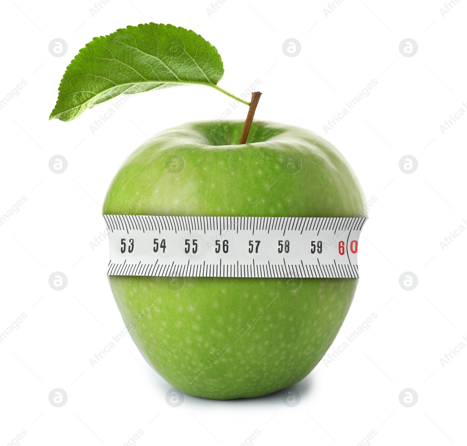 Image of Green apple with measuring tape on white background. Slimming, weight loss concept