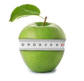 Green apple with measuring tape on white background. Slimming, weight loss concept