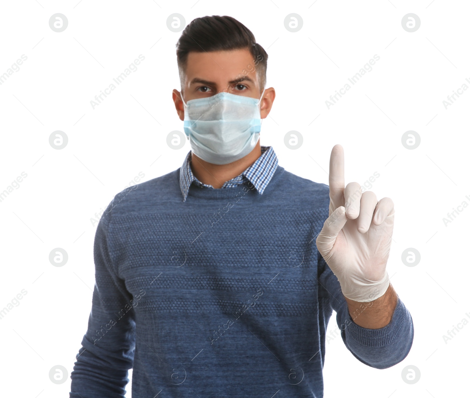Photo of Man in protective face mask and medical gloves with raised index finger on white background