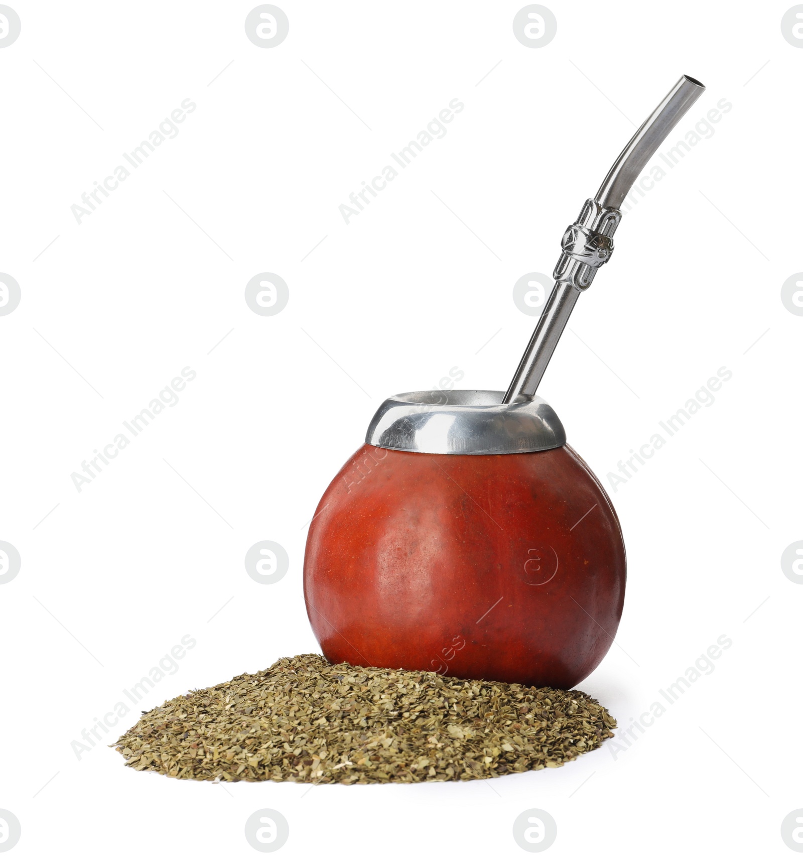 Photo of Calabash with mate tea and bombilla on white background