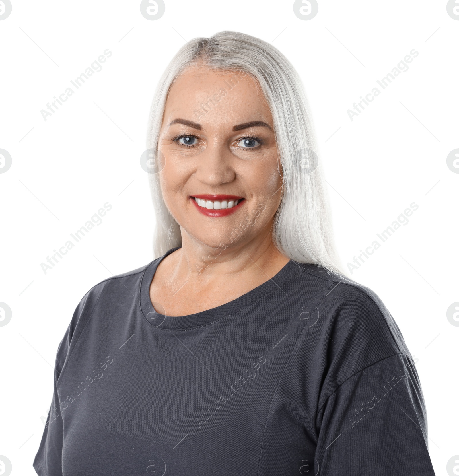 Photo of Smiling woman with perfect teeth on white background