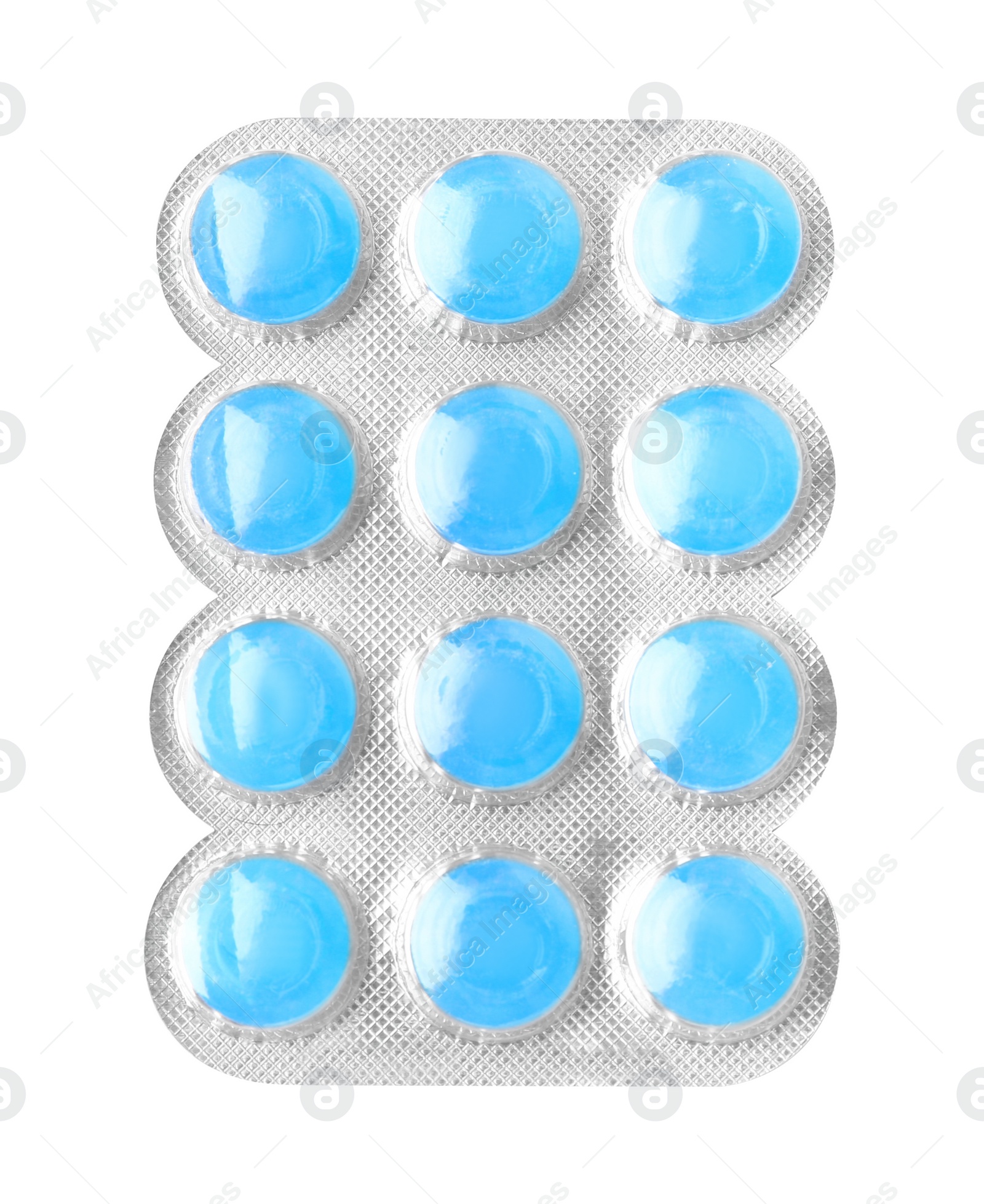 Photo of Blister with light blue cough drops isolated on white, top view