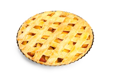 Photo of Delicious fresh peach pie isolated on white