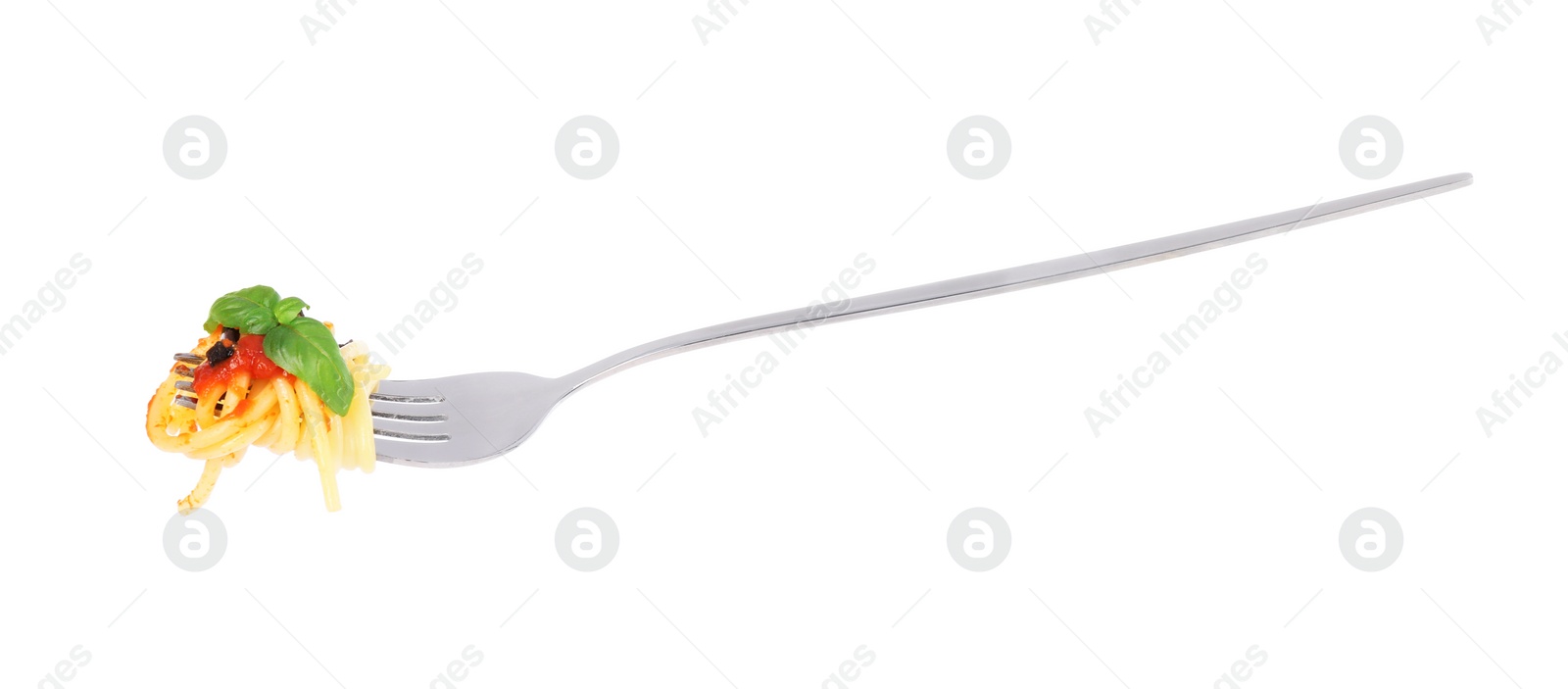 Photo of Fork with tasty pasta, basil and sauce isolated on white