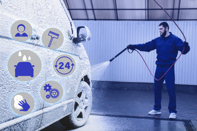 Image of Car wash, full service related icons. Man cleaning automobile with foam
