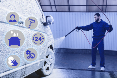 Car wash, full service related icons. Man cleaning automobile with foam