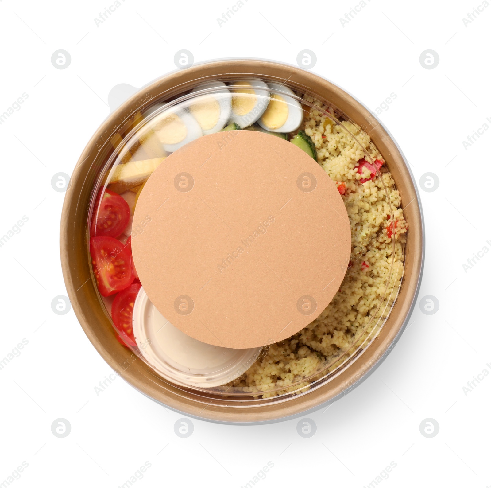 Photo of Tasty food in container isolated on white, top view