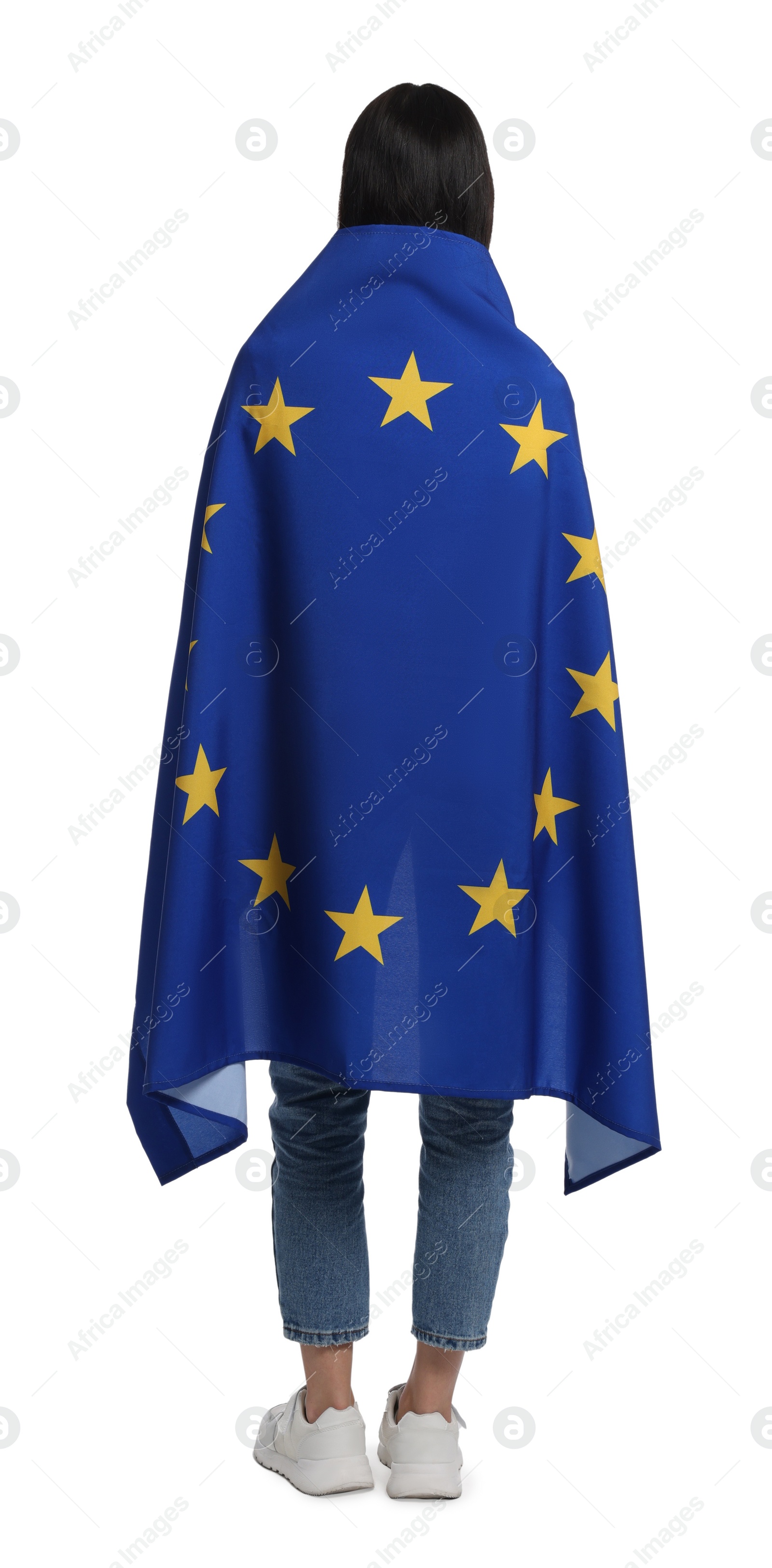 Photo of Woman holding European Union flag on white background, back view