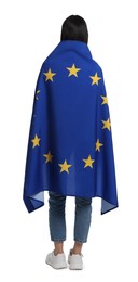 Woman holding European Union flag on white background, back view