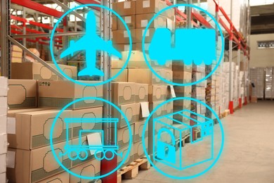 Illustration of shipping icons and warehouse with stacks of boxes on wooden pallets. Wholesaling