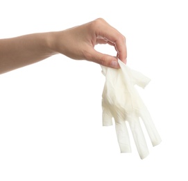 Doctor holding medical glove on white background, closeup