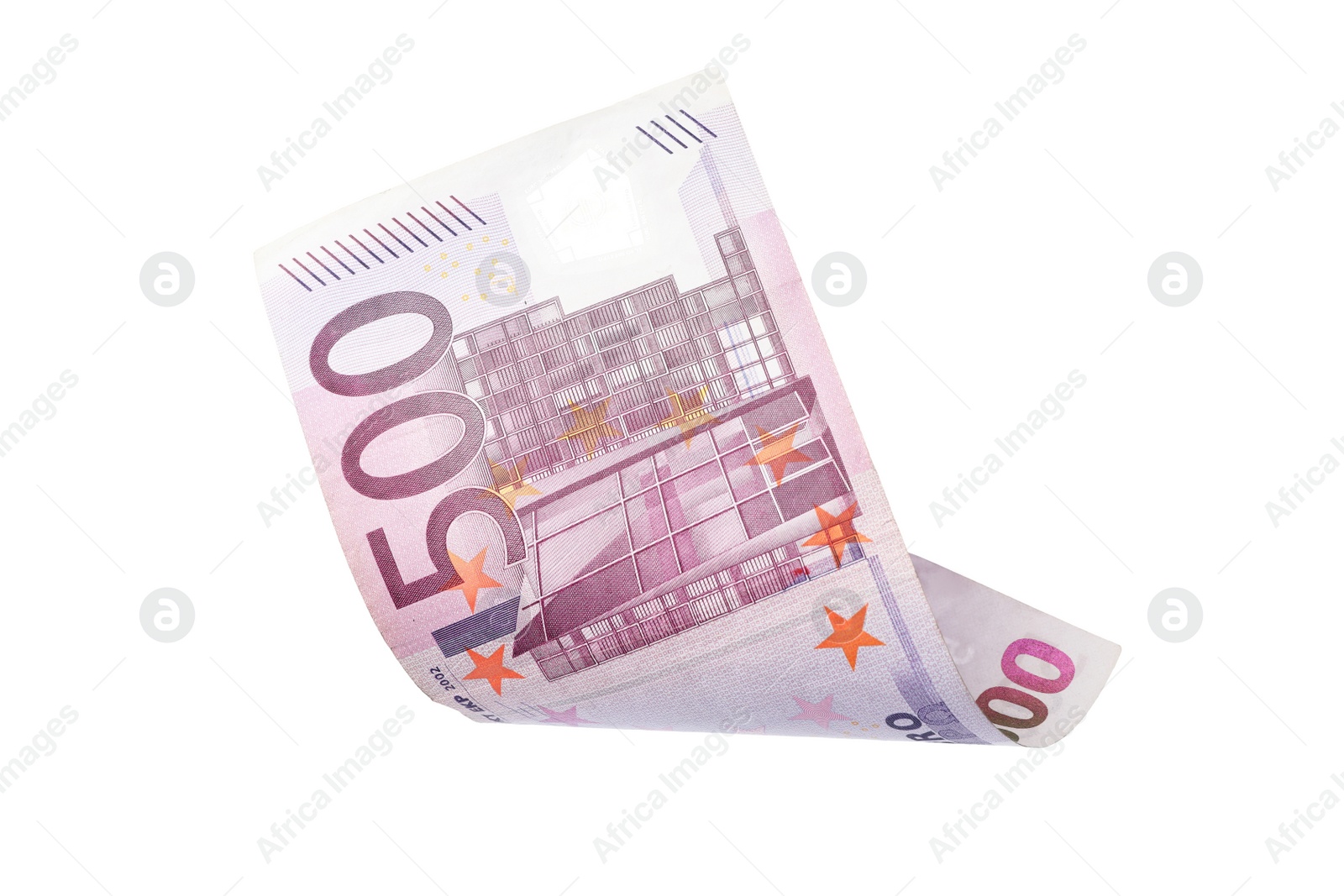 Photo of Flying five hundred Euro banknote isolated on white