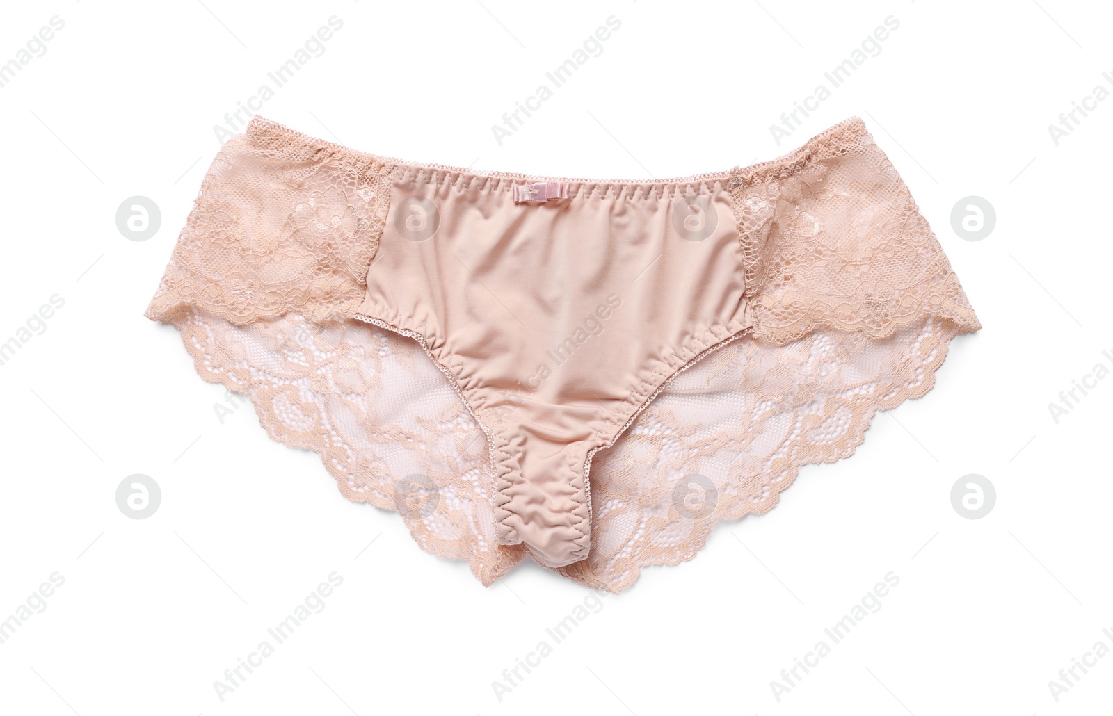 Photo of Elegant beige women's underwear isolated on white, top view