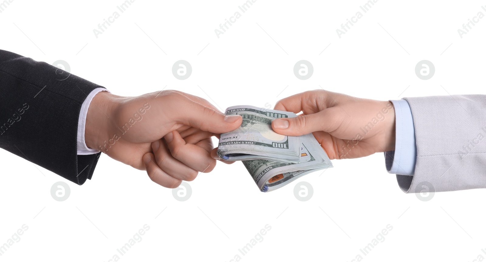 Photo of Money exchange. Man giving dollar banknotes to woman on white background, closeup