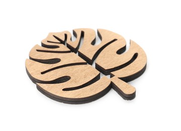 Photo of Leaf shaped wooden cup coaster on white background