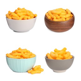 Image of Bowls with tasty corn sticks on white background, collage design