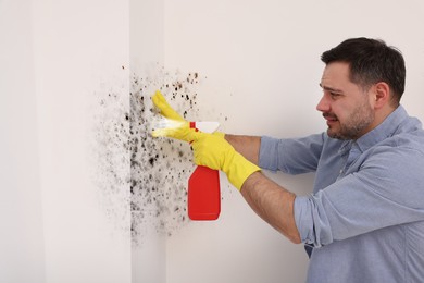 Man in rubber gloves spraying mold remover onto walls in room