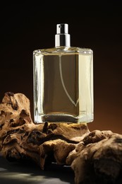 Photo of Luxury men`s perfume in bottle against dark background