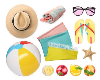 Image of Set with towel and other beach accessories on white background