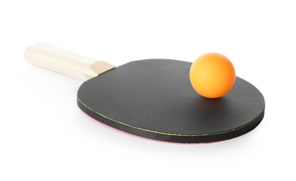 Photo of Ping pong racket and ball isolated on white