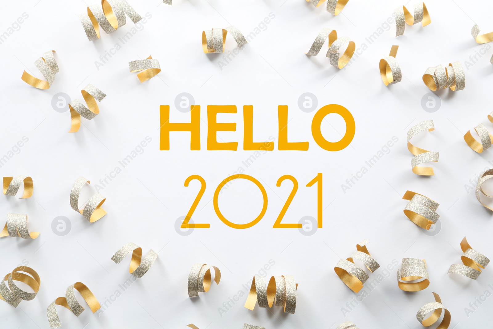 Image of Hello 2021. Shiny serpentine streamers on white background, above view