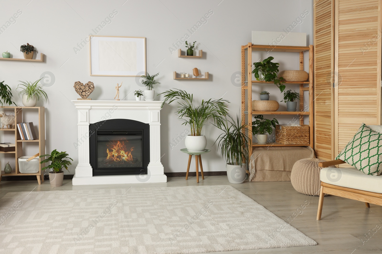 Photo of Stylish living room interior with fireplace and houseplants