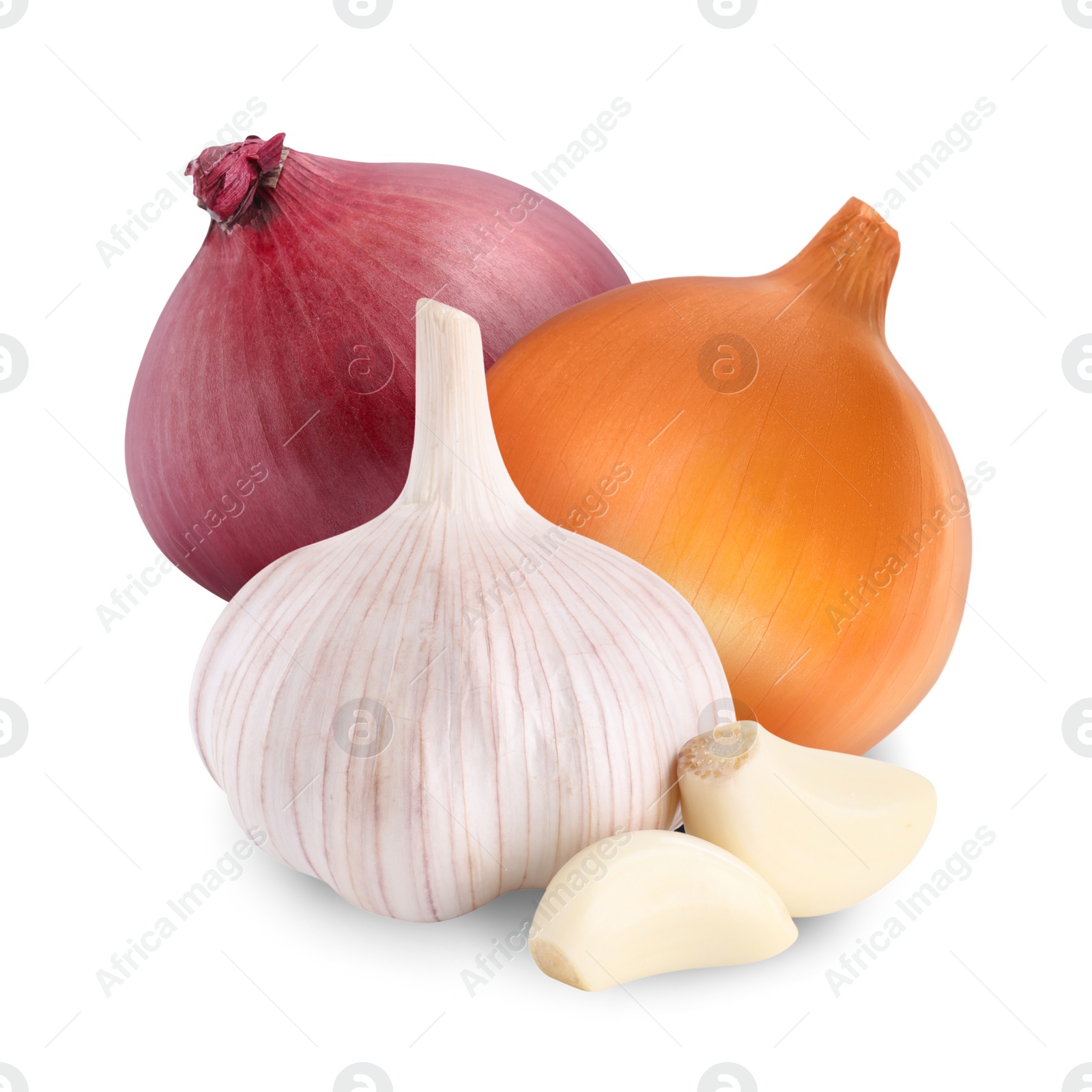 Image of Garlic, red and yellow onion bulbs isolated on white