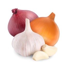 Image of Garlic, red and yellow onion bulbs isolated on white