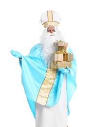 Portrait of Saint Nicholas with presents on white background