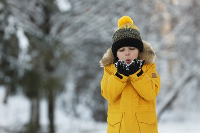 Photo of Cute little boy blowing snow in park on winter day, space for text