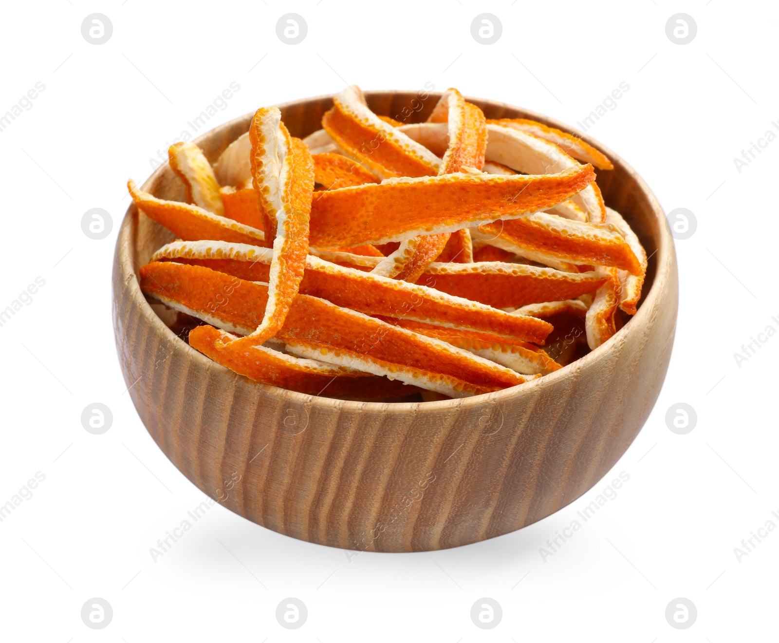 Photo of Dry orange peels in wooden bowl isolated on white