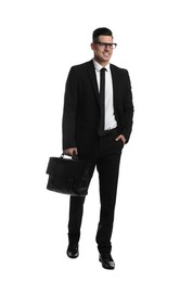 Photo of Businessman with stylish leather briefcase on white background