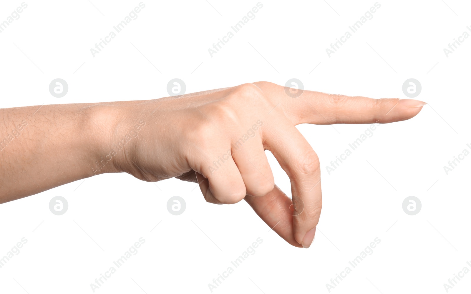 Photo of Woman showing hand sign on white background, closeup. Body language