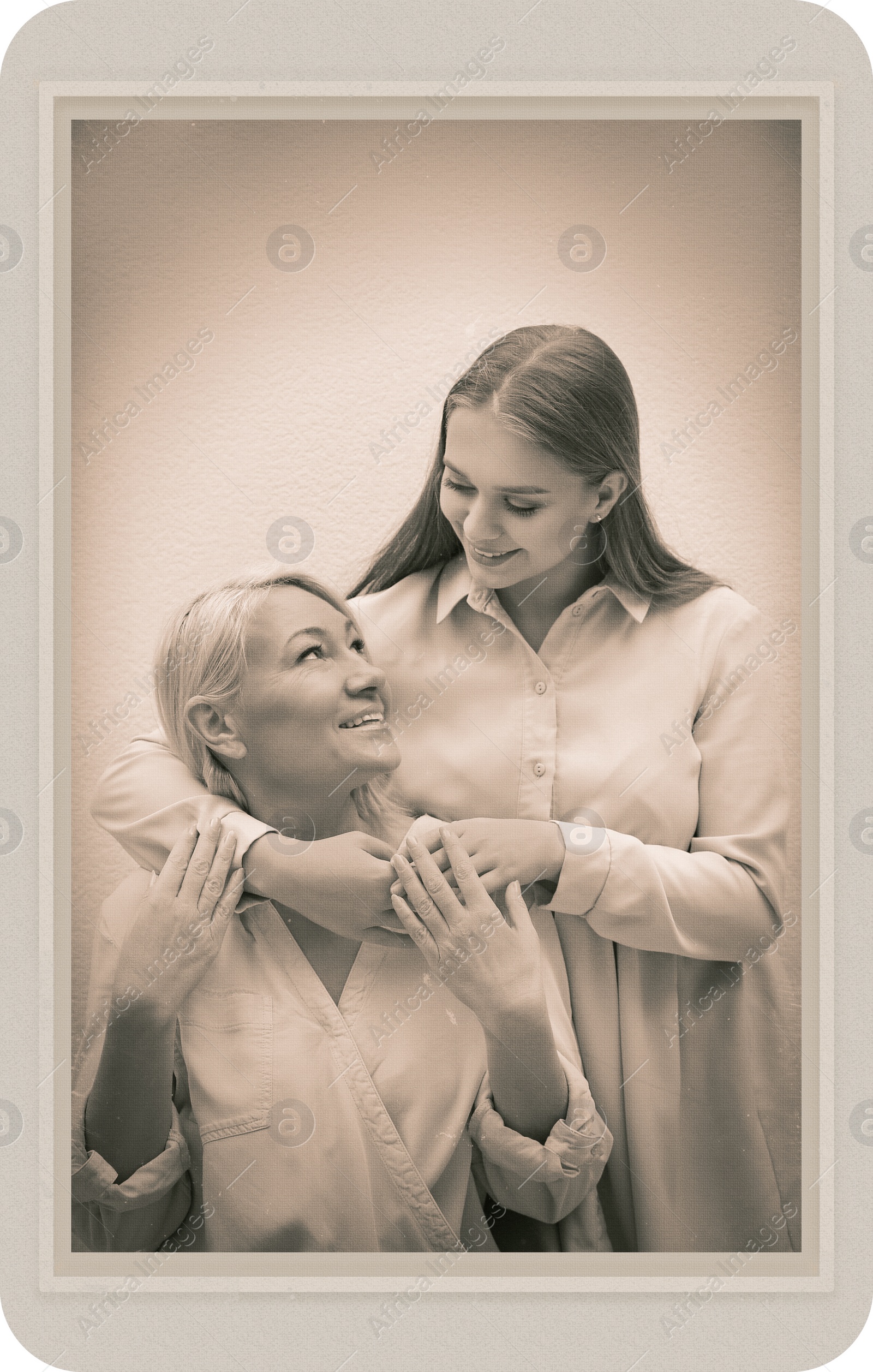 Image of Old picture of mother and her adult daughter. Portrait for family tree