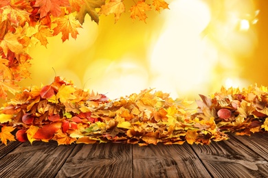 Image of Wooden surface with beautiful autumn leaves on blurred background