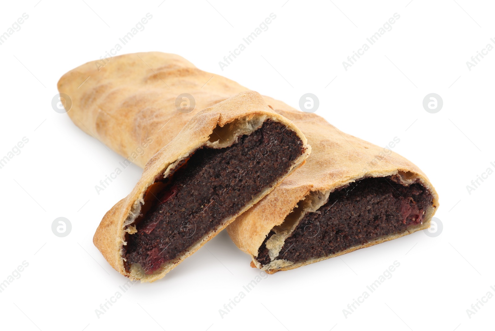 Photo of Delicious strudel with poppy seeds and cherries isolated on white