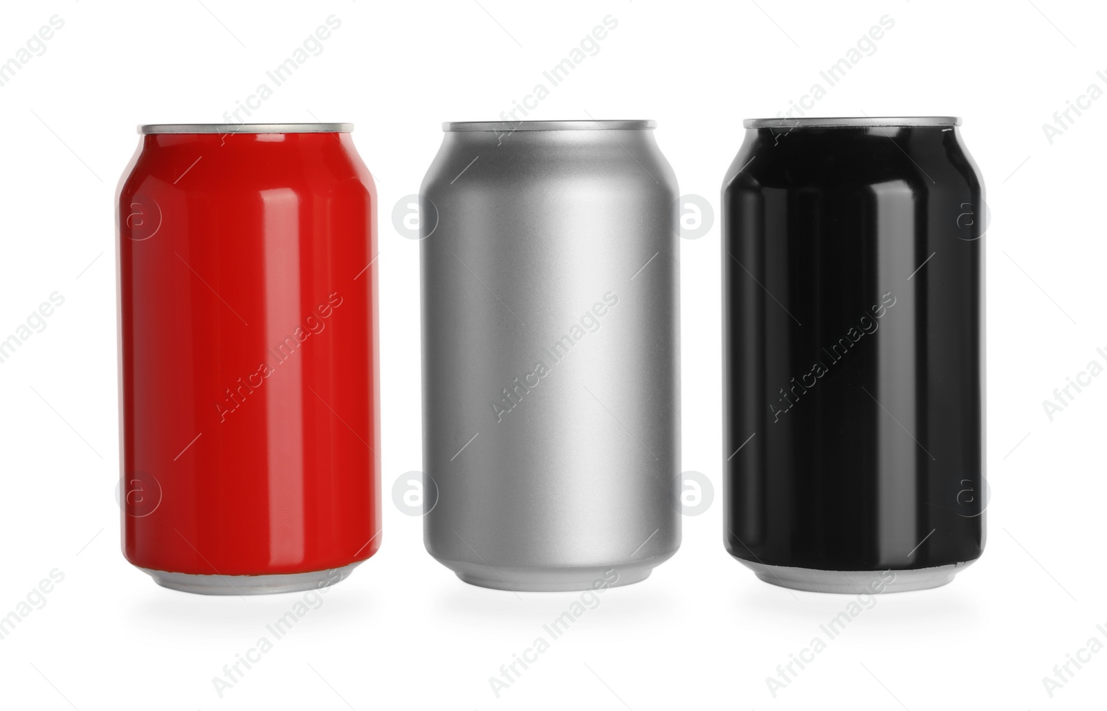 Photo of Aluminum cans with drinks on white background