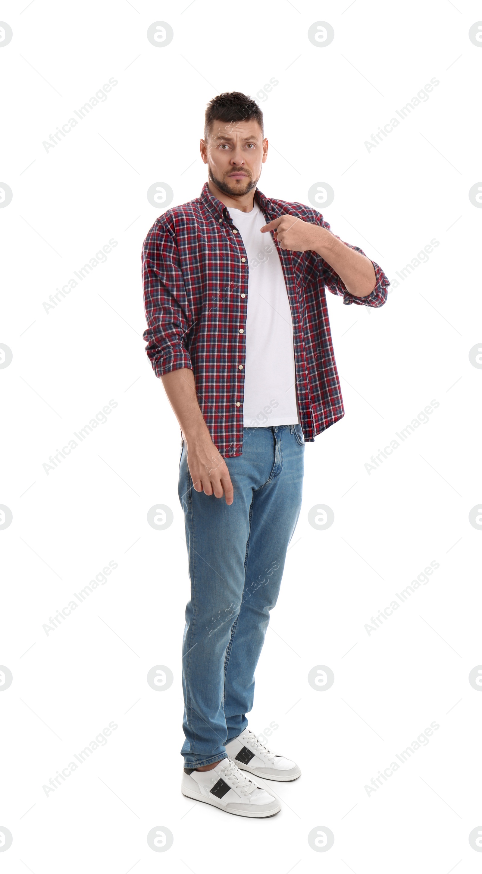 Photo of Emotional man pointing at himself on white background