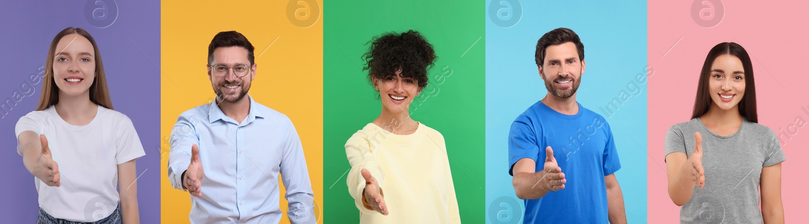 Image of People welcoming on different color backgrounds, collage with photos