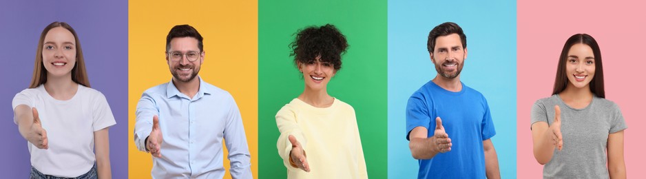 Image of People welcoming on different color backgrounds, collage with photos