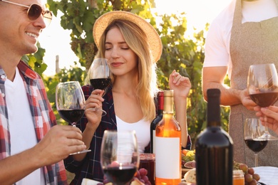 Photo of Friends holding glasses of wine and having fun in vineyard, closeup
