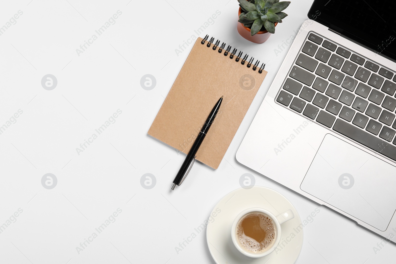 Photo of Modern laptop, houseplant, notebook, pen and cup of coffee on white background, flat lay. Space for text