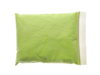Light green powder in plastic bag isolated on white, top view. Holi festival celebration