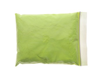 Photo of Light green powder in plastic bag isolated on white, top view. Holi festival celebration