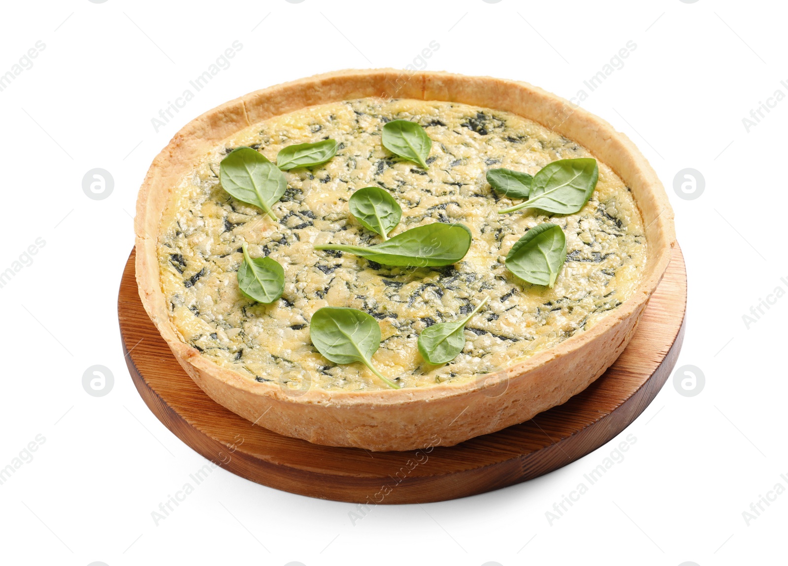 Photo of Delicious homemade spinach pie isolated on white