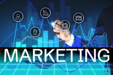 Image of Marketing concept. Businessman pointing at digital screen with icons and graphs, closeup