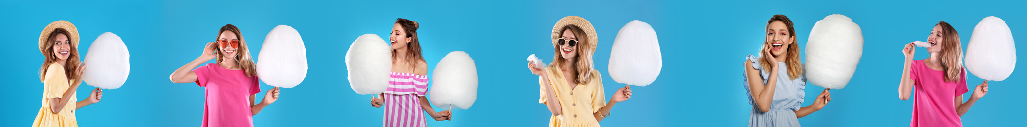 Collage with photos of young woman holding cotton candy on blue background. Banner design