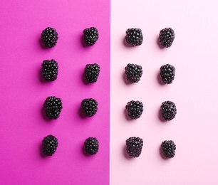 Flat lay composition with ripe blackberries on color background