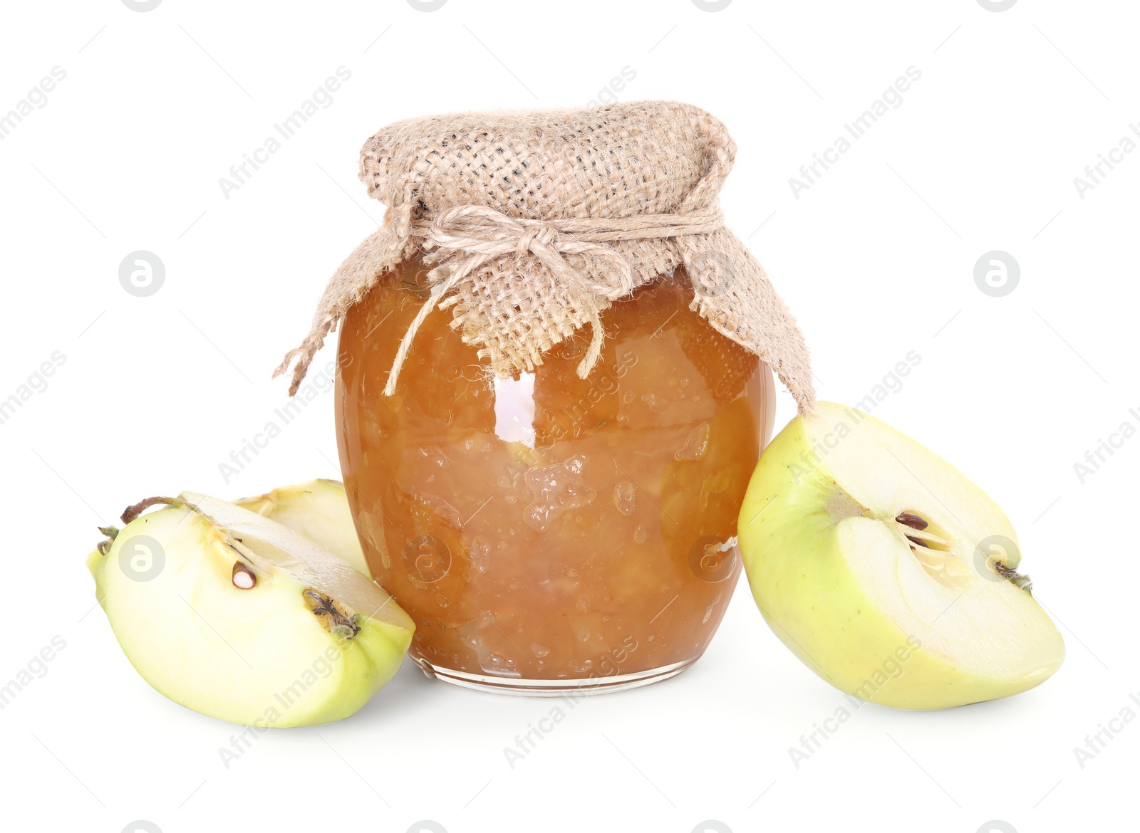 Photo of Glass jar of delicious apple jam and fresh fruits isolated on white