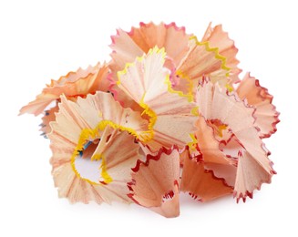Photo of Heap of colorful pencil shavings on white background
